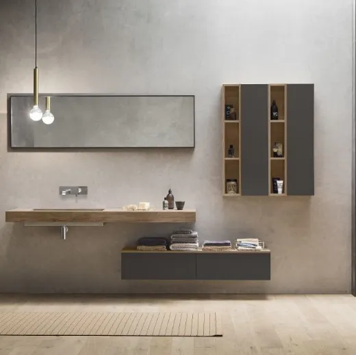 Mobile da Bagno sospeso effetto legno e laccato opaco, top in HPL con lavabo integrato Evo Plus 04 di Synergie