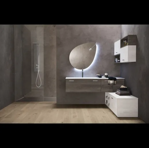 Mobile da Bagno sospeso effetto legno e gesso con top in bianco opaco Evo Plus 02 di Synergie