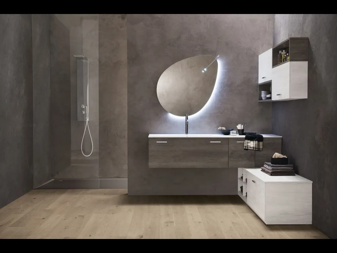 Mobile da Bagno sospeso effetto legno e gesso con top in bianco opaco Evo Plus 02 di Synergie