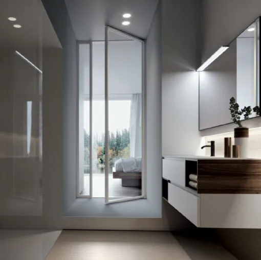 Mobile da Bagno sospeso in laccato bianco opaco e melaminico Noce Form 03 di Ideagroup