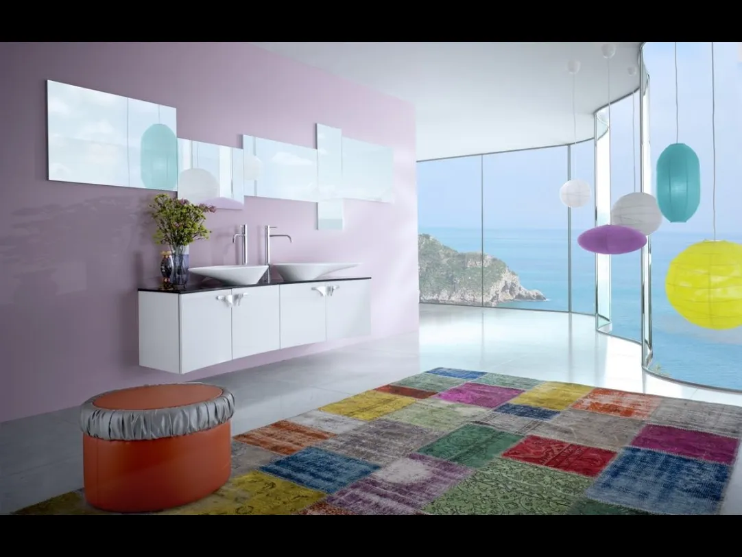 Mobile da Bagno sospeso in laccato bianco con top in vetro Forme Curvi 08 di Synergie