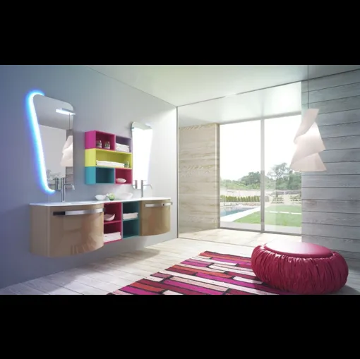 Mobile da Bagno sospeso in laccato lucido con vani a giorno e top in vetro Forme Curvi 11 di Synergie