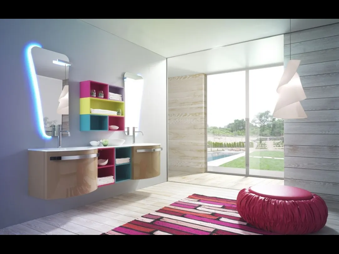 Mobile da Bagno sospeso in laccato lucido con vani a giorno e top in vetro Forme Curvi 11 di Synergie