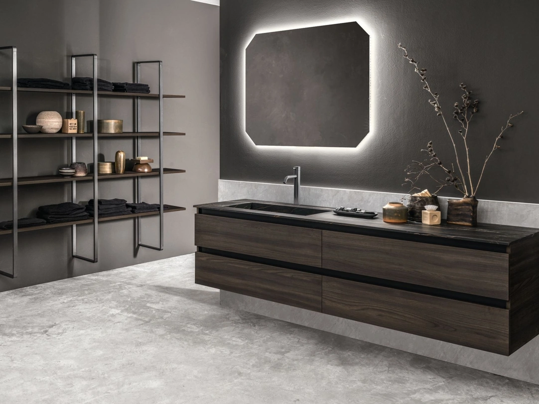 Mobile da Bagno sospeso con finitura effetto legno e top in Gres Miyo 03 di Synergie
