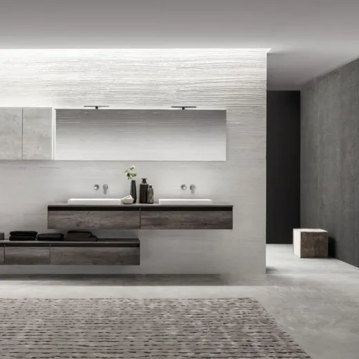 Mobile da Bagno sospeso in laminato effetto legno e pensili effetto cemento Miyo 04 di Synergie