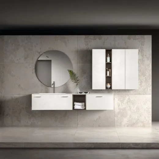 Mobile da Bagno sospeso in laminato cemento chiaro e top bianco opaco Miyo 09 di Synergie