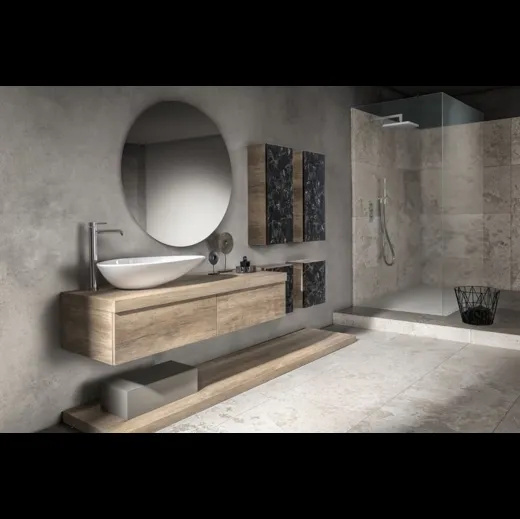 Mobile da Bagno sospeso effetto legno con piano di appoggio a terra Miyo 11 di Synergie