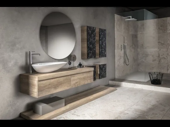 Mobile da Bagno sospeso effetto legno con piano di appoggio a terra Miyo 11 di Synergie