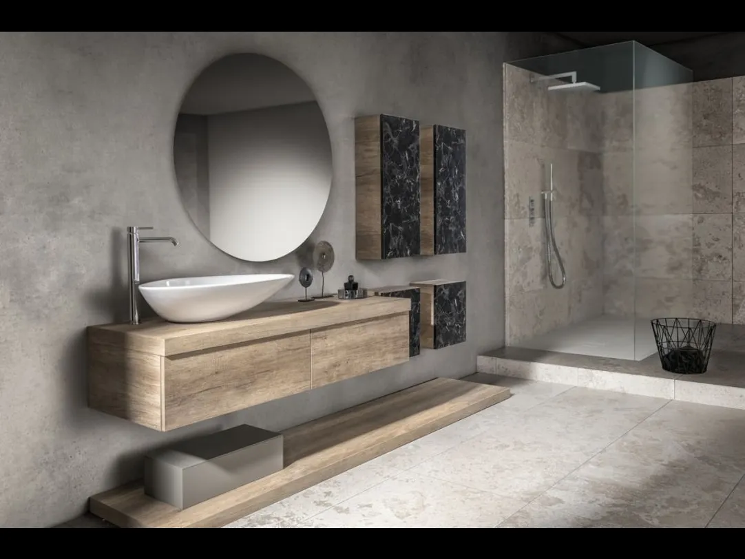 Mobile da Bagno sospeso effetto legno con piano di appoggio a terra Miyo 11 di Synergie