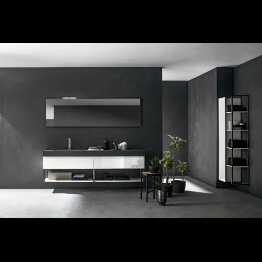Mobile da Bagno sospeso in laccato bianco lucido e top in gres con lavabo integrato Miyo 01 di Synergie