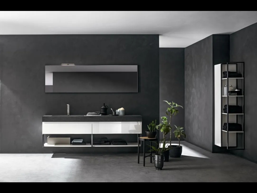 Mobile da Bagno sospeso in laccato bianco lucido e top in gres con lavabo integrato Miyo 01 di Synergie