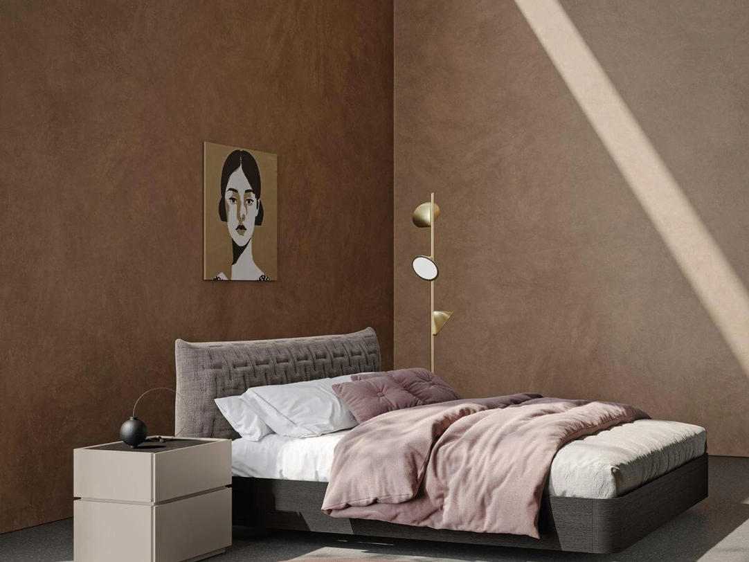 Letto in Rovere con testiera in tessuto imbottito e trapuntato Tender di Morassutti