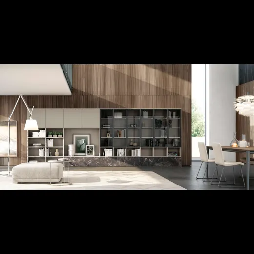 Libreria a muro componibile Vega Day 01 in laccato opaco e cristallo di Spagnol Mobili