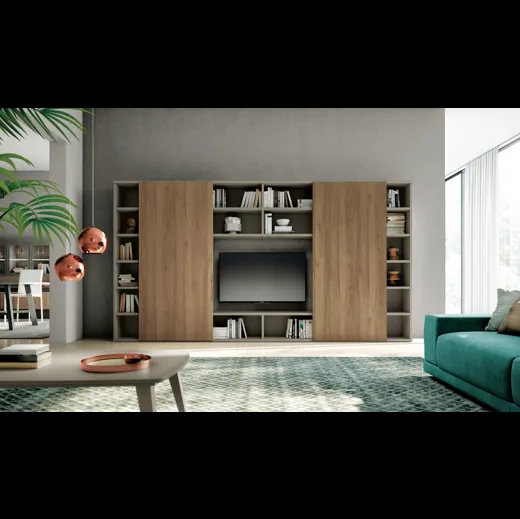 Libreria a muro Vega Day 03 in melaminico finitura noce Canaletto e laccato opaco di Spagnol Mobili