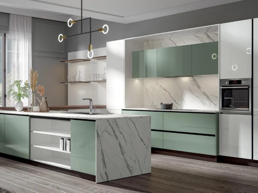 Cucina Moderna Era con penisola in PVC laccato lucido Salvia e Candido Home Cucine